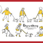 様々な犬と様々な飼い主が散歩しているイラスト