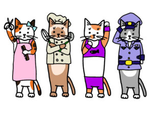 猫がさまざまな職業制服を着ているイラスト