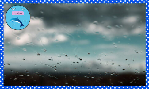 雨粒のついた窓越しに曇り空