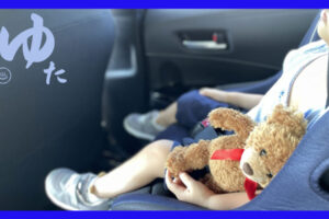 チャイルドシートのうえで眠る子どもの横に熊の人形