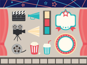 映画館を連想するもの、カメラ、カチンコ、フィルム、ポップコーン、飲み物、拡声器、看板
