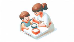 息子にご飯を食べさせるお母さん