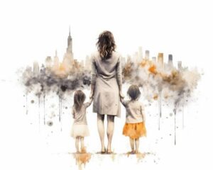 二人と娘と手を繋いで、都会に佇む親子