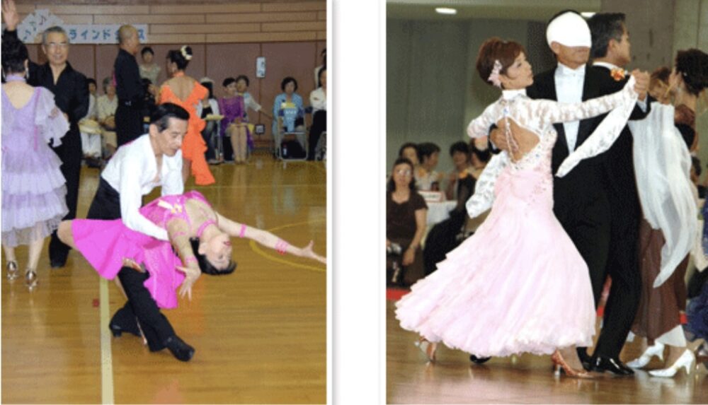 ブラインドダンスの大会で社交ダンスの衣装を着て踊る男女