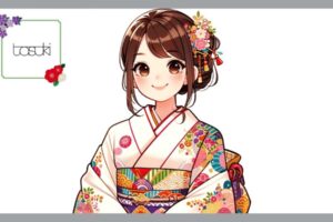 笑顔で着物を着る女性