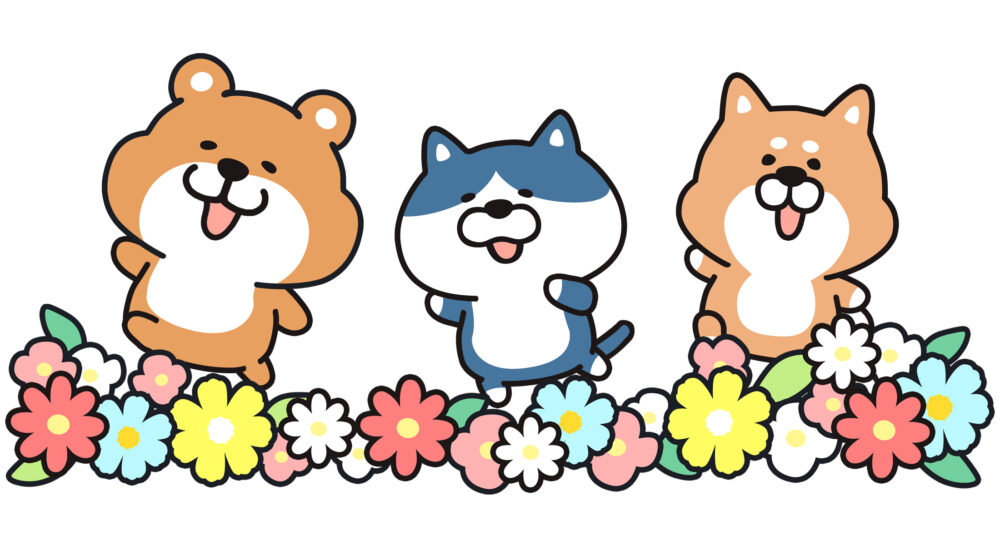 花畑で楽しく遊ぶ、二足歩行の熊、猫、犬のイラスト
