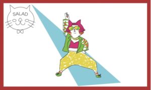 派手な洋服を着て、踊って決めポーズをしている猫のイラスト