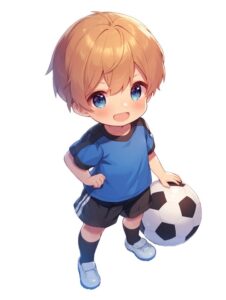 サッカーボールとサッカーのユニフォームを着た男子のイラスト