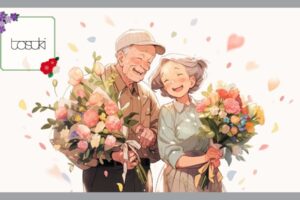 花束を持つ笑顔の高齢者