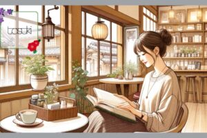 カフェで本を読む女性