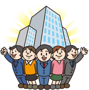 ビルのふもとに働く男女５人