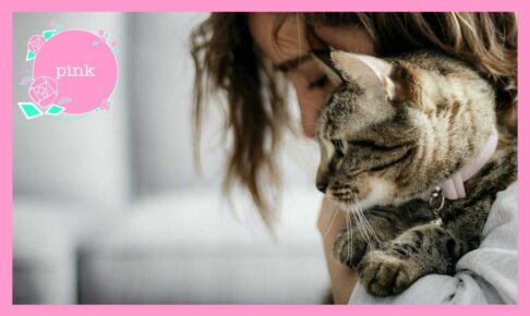 猫を腕に抱いて、俯いている女性の横顔