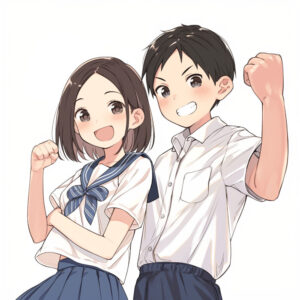 ガッツポーズをする学生の男女