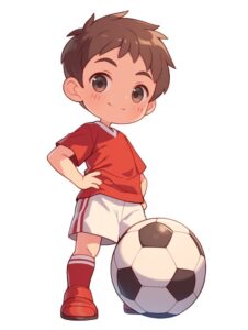 サッカーボールとサッカーのユニフォームを着た男子のイラスト