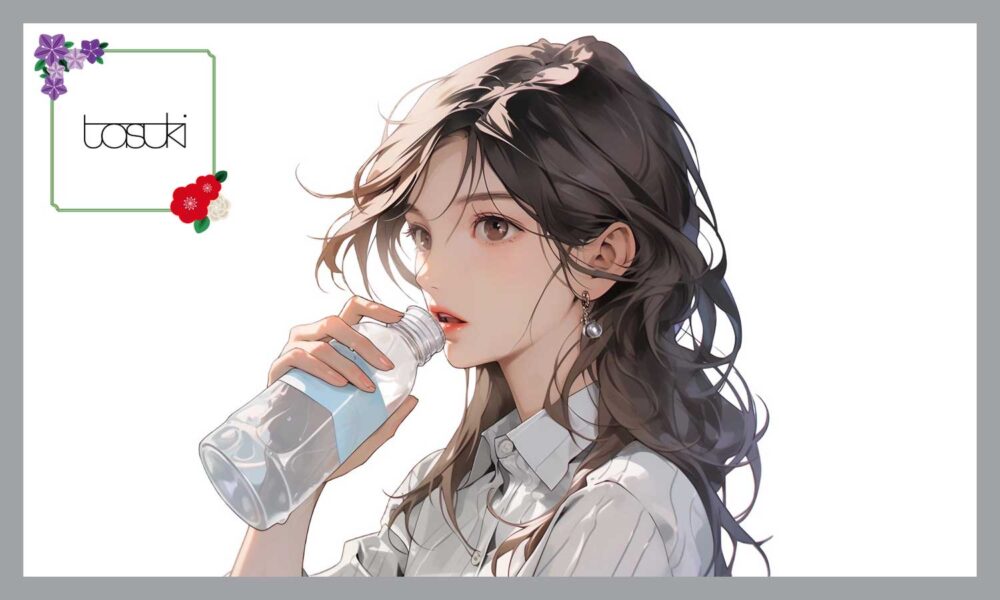 ペットボトルの水を飲む女性