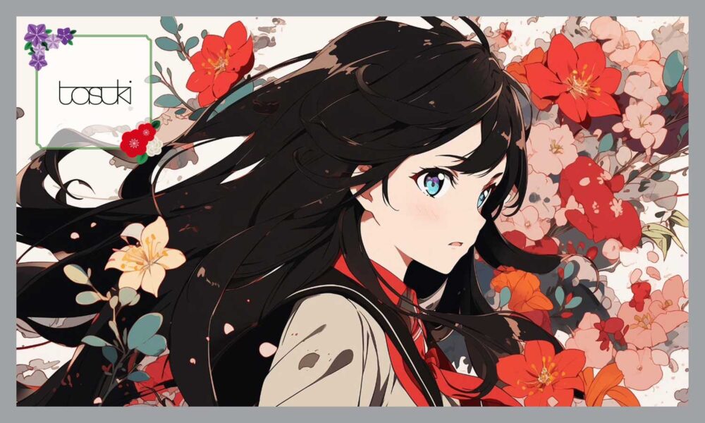赤い花に囲まれた、女の子