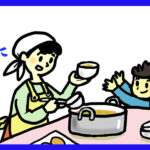 子どもに料理をつぐ女性と嬉しそうに菱栄をもらう子どもたち