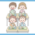 一方の方向を向いて給食を食べている児童4人