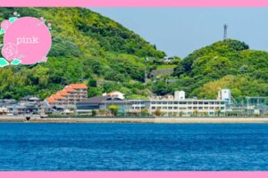 後ろが山で、前が海の間にある高校の校舎
