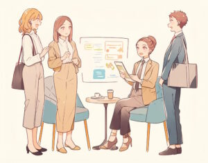 ミーティングをする女性3人と、男性1人