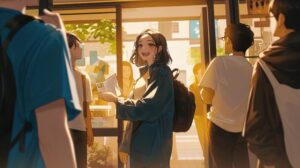 職場を後にする、メモを持った女性