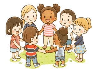 手を繋ぎ合う、7人の子ども達
