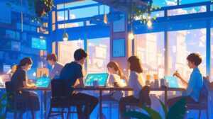 パソコンを開いている男女