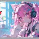 笑顔のピンクの髪の女性
