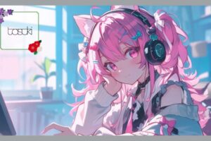 笑顔のピンクの髪の女性