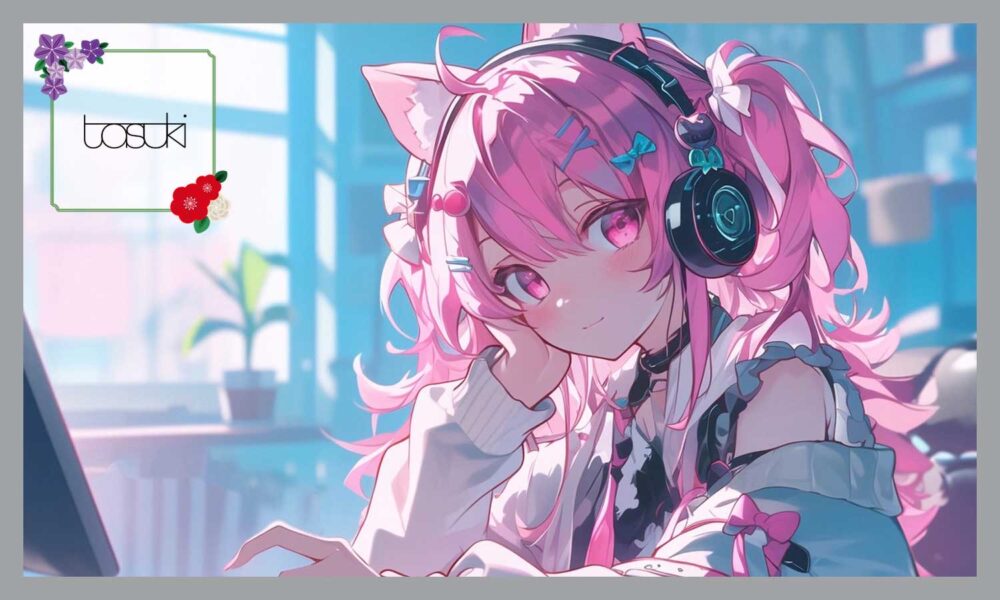 笑顔のピンクの髪の女性