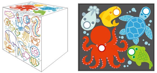 海の生き物の絵が描かれたペットボトルキャップの回収ボックス