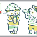 水筒のお茶を飲む、女の子と男の子