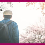 桜を見上げる帽子をかぶった男性