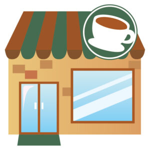 喫茶店の外観とコーヒーカップ