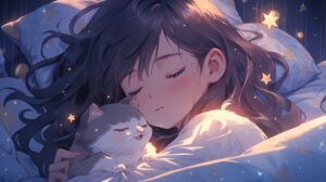 猫と寝る女性