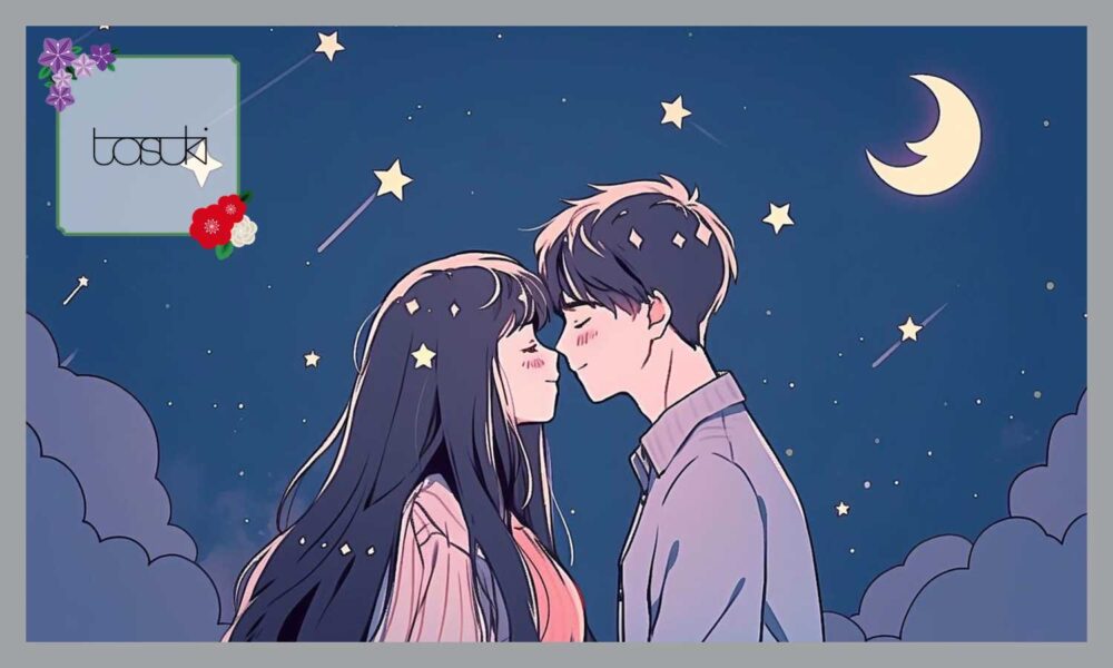 星の降る下でキスをしようとする男女のカップル