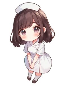 膝を曲げている、白いナース服を着た看護師