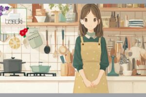 キッチンに立つ、黄色のエプロンをした女性