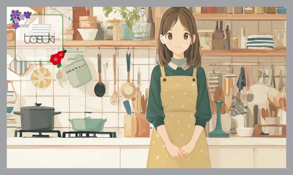 キッチンに立つ、黄色のエプロンをした女性