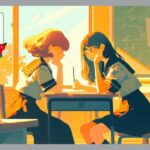 学校で友達と話をしている、女子高生二人