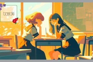学校で友達と話をしている、女子高生二人