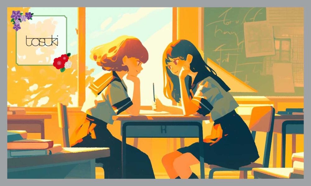 学校で友達と話をしている、女子高生二人