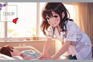 入院中の男の子を看護している女性医師