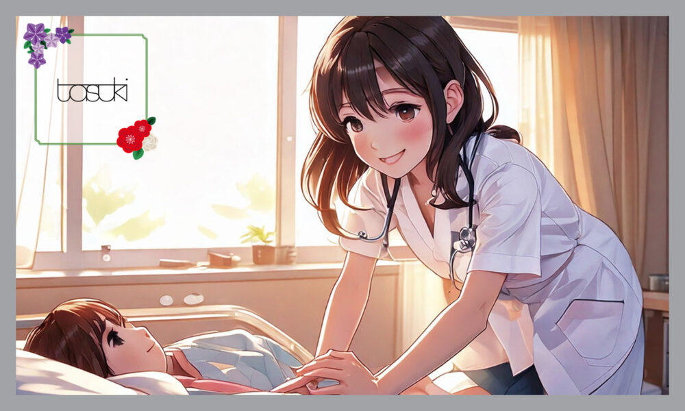 入院中の男の子を看護している女性医師