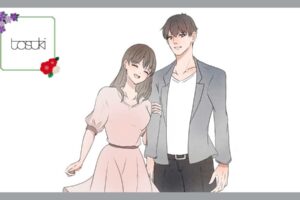 男性の腕を持って、笑顔の女性