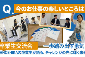 卒業生交流会　一歩踏み出す勇気！TANOSHIKAの卒業生が語る、チャレンジの先に輝く未来　中央にトークカードが並べてあり、その周りに卒業生交流会参加者が映っている写真