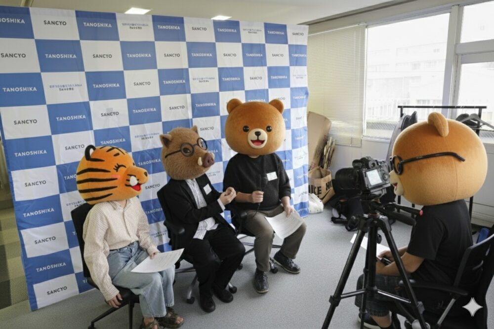 2匹のクマ、1匹のイノシシ、1匹のトラが、みんなで大笑いしている