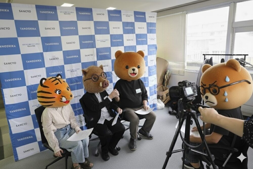 凄く緊張した様子のくまのインタビュアーがクマ、イノシシ、トラの3匹にインタビューをしようとしている。