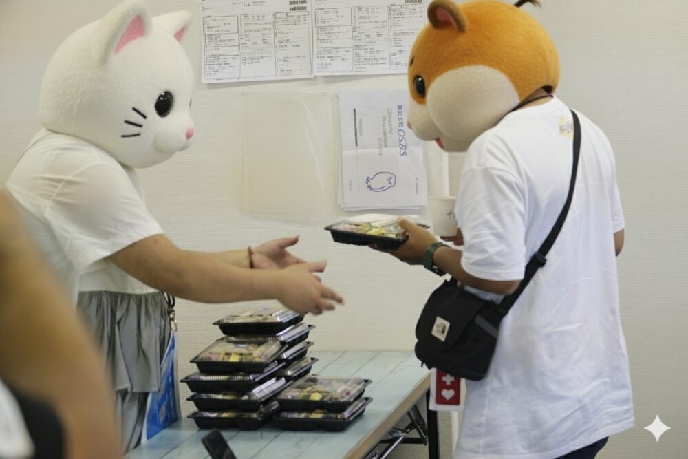 猫の着ぐるみを被った女性がハムスターの着ぐるみを被った男性に弁当を渡している