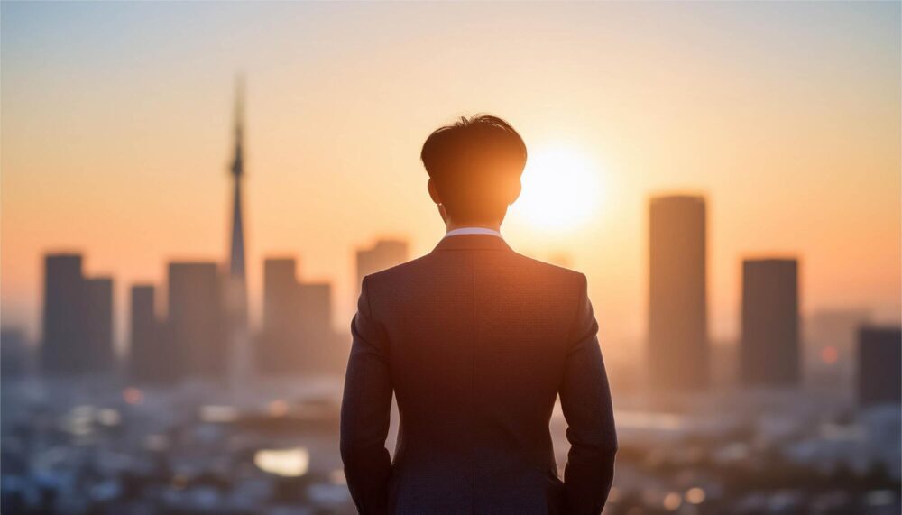 都会の喧騒を感じながら夕日を見つける男の背中